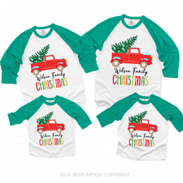 Personalized  Red Truck And Christmas Tree Family Matching Raglan Sleeves T-Shirts Beepumpkin 
