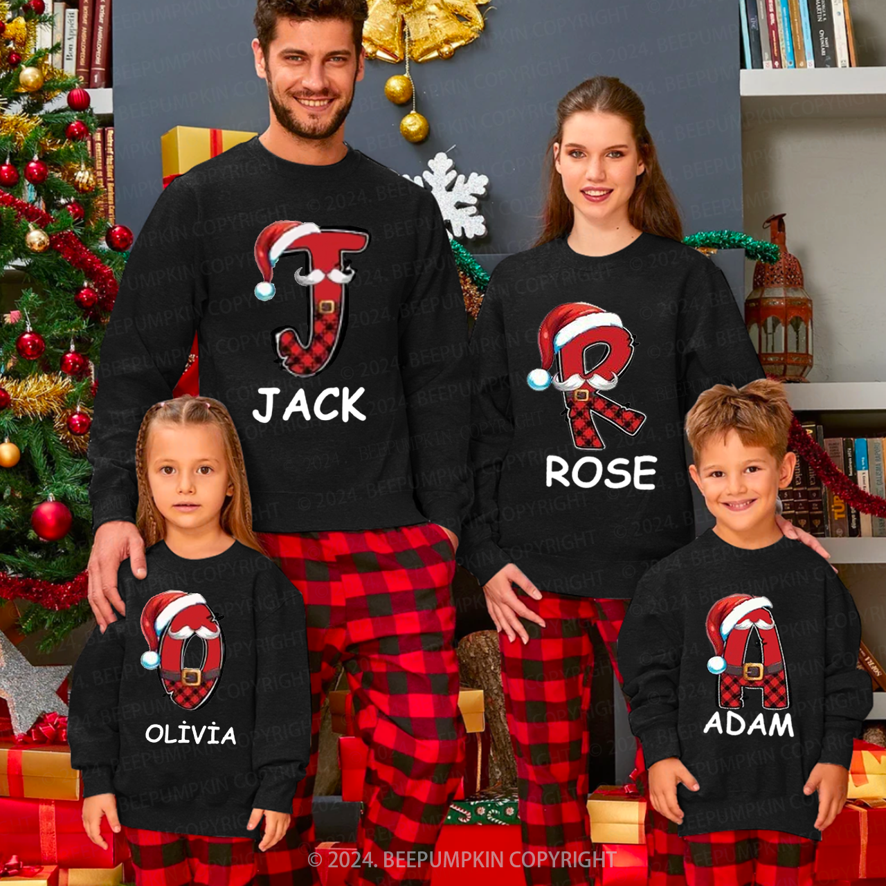 Personalized Plaid Name And Santa Hat Family Matching Sweatshirts Beepumpkin