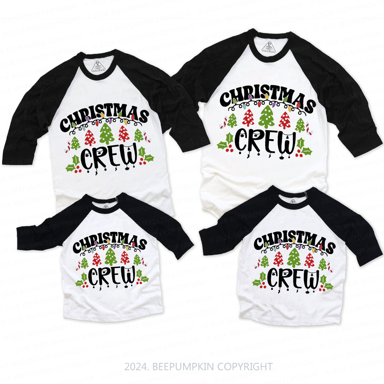 Christmas Crew Tree And Light Family Matching Raglan Sleeves T-Shirts Beepumpkin 
