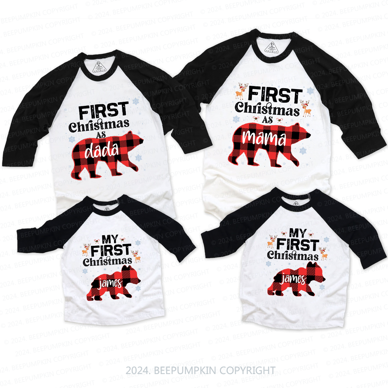 Personalized First Christmas Bear Buffalo Plaid Family Matching Raglan Sleeves T-Shirts Beepumpkin 