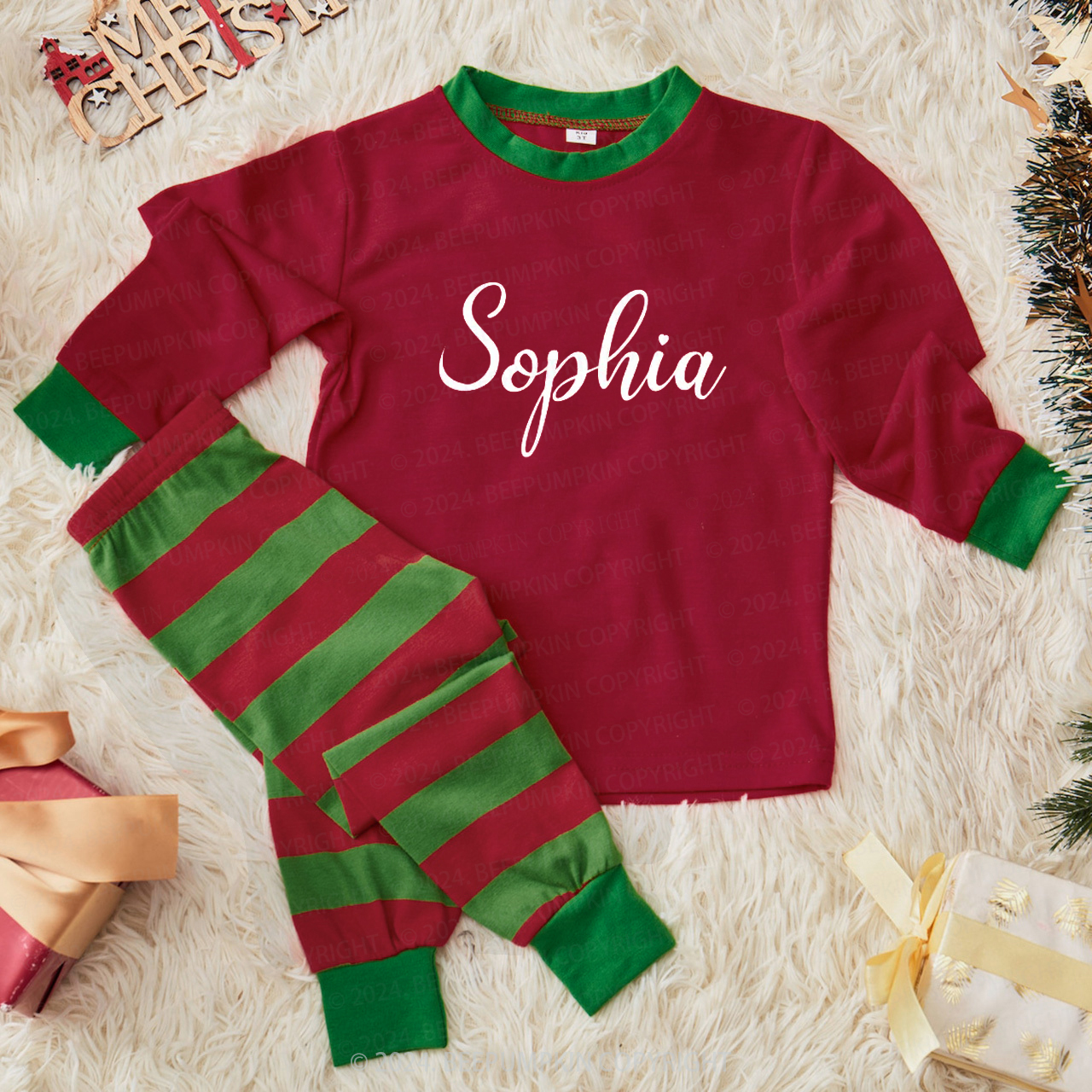Personalized Matching Striped Xmas Pajamas For Family Members