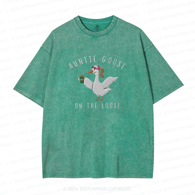Auntie Goose On The Loose Embroidered Auntie Washed Tees