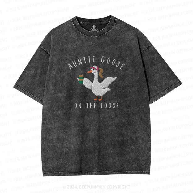 Auntie Goose On The Loose Embroidered Auntie Washed Tees