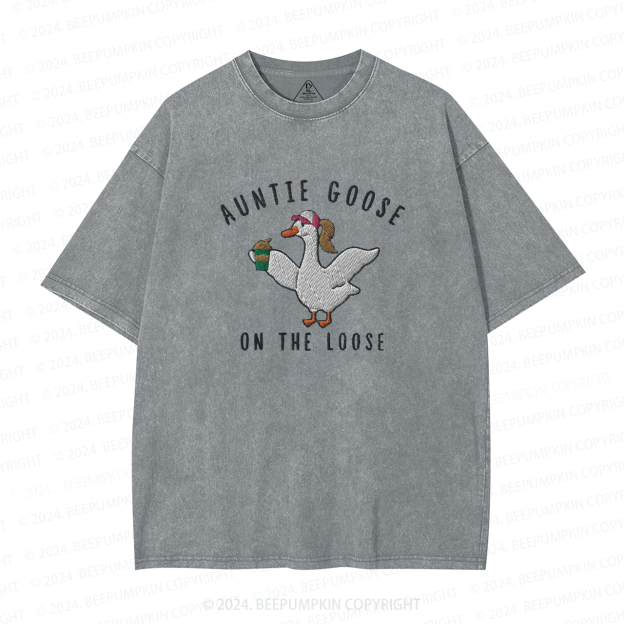 Auntie Goose On The Loose Embroidered Auntie Washed Tees