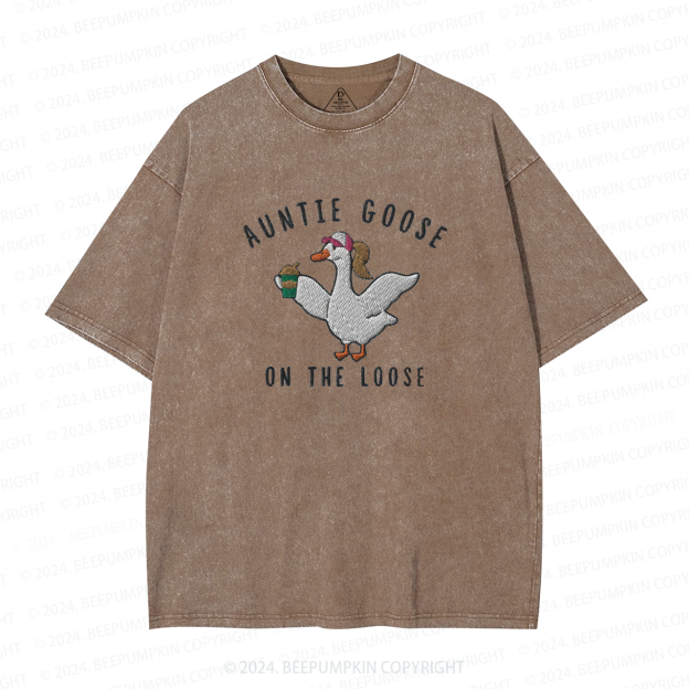 Auntie Goose On The Loose Embroidered Auntie Washed Tees