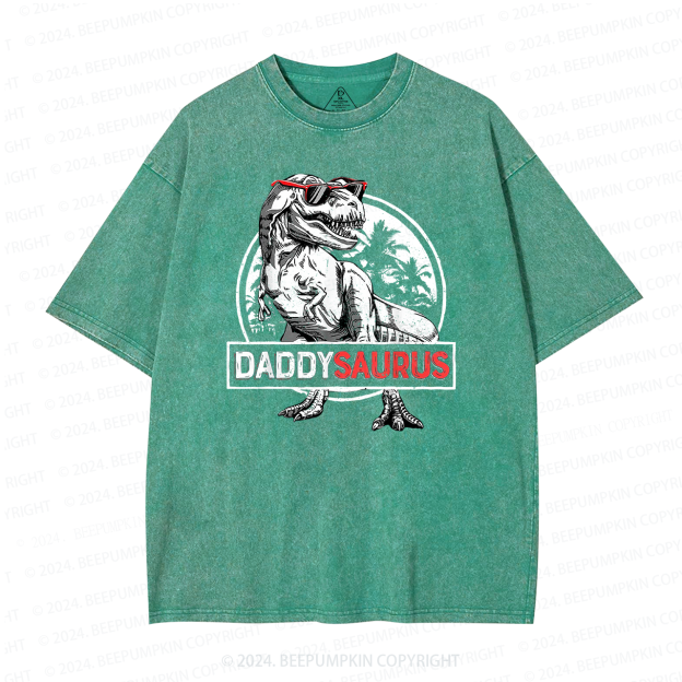 Daddy Saurus T-Rex With Glasses Washed T-Shirts 