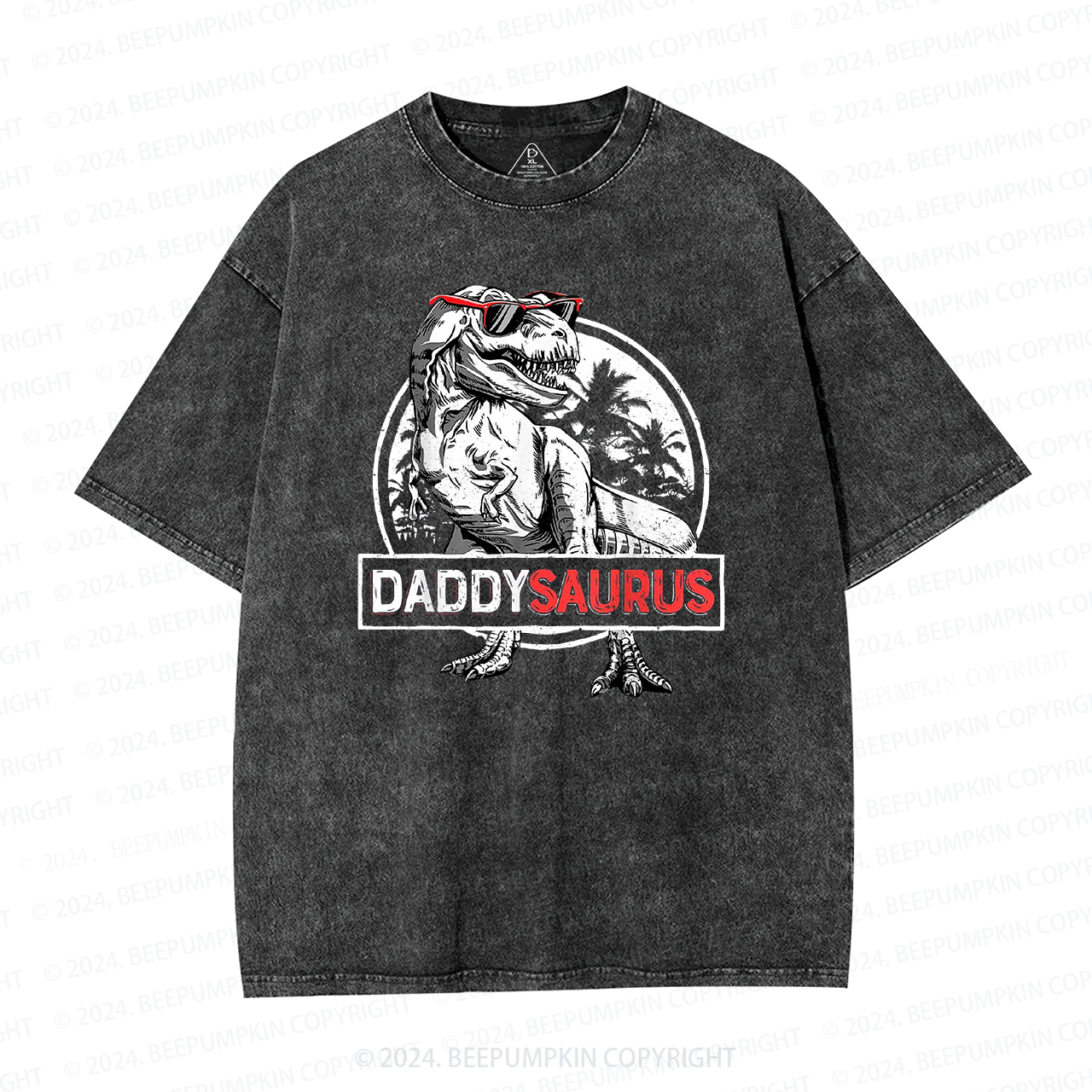 Daddy Saurus T-Rex With Glasses Washed T-Shirts 