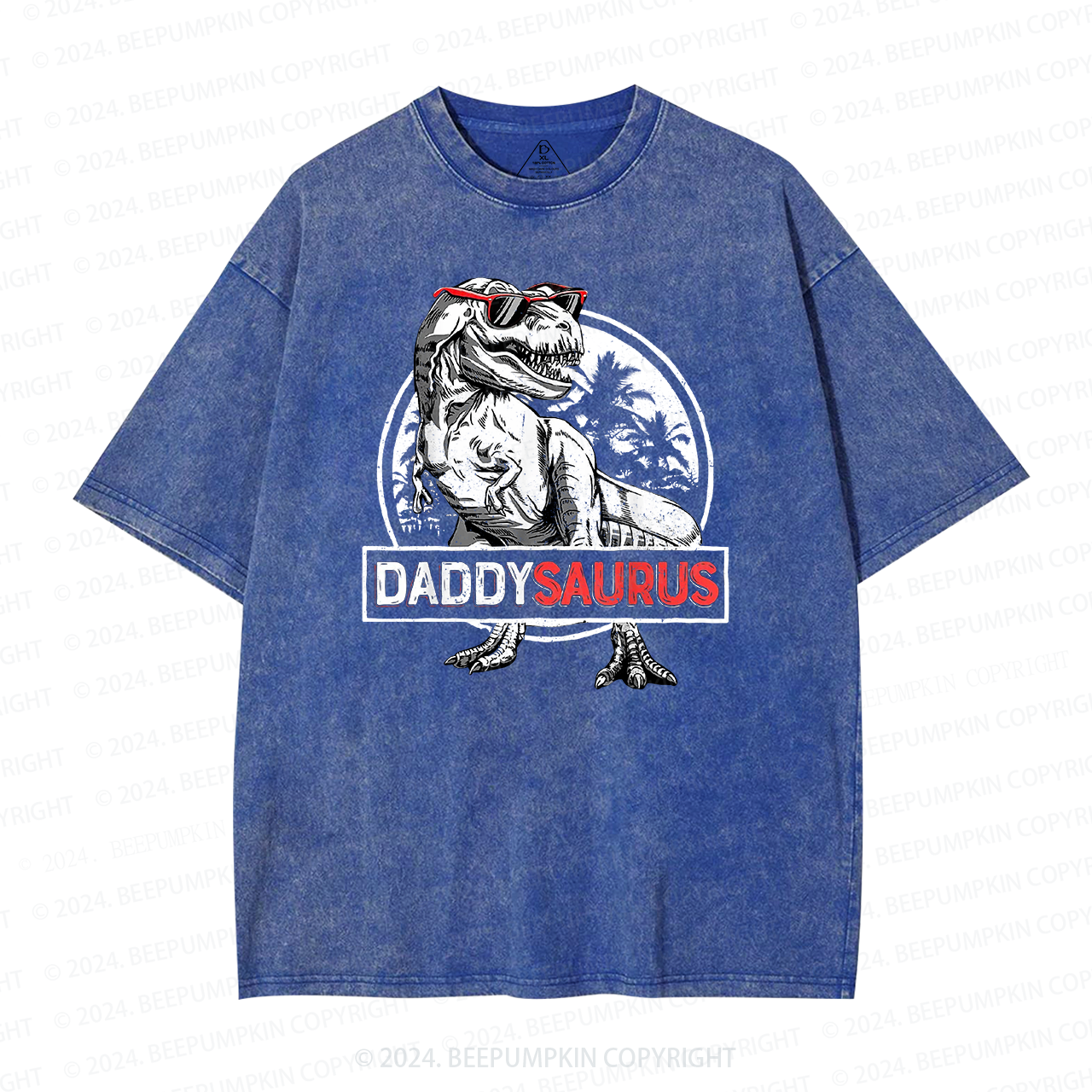 Daddy Saurus T-Rex With Glasses Washed T-Shirts 