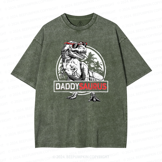 Daddy Saurus T-Rex With Glasses Washed T-Shirts 