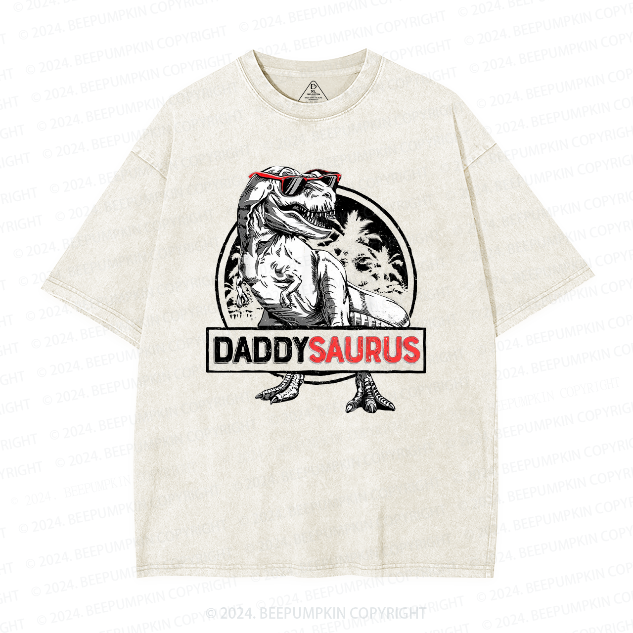 Daddy Saurus T-Rex With Glasses Washed T-Shirts 