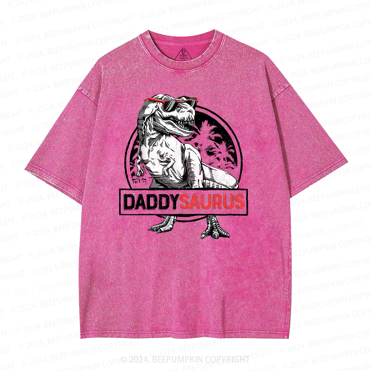 Daddy Saurus T-Rex With Glasses Washed T-Shirts 