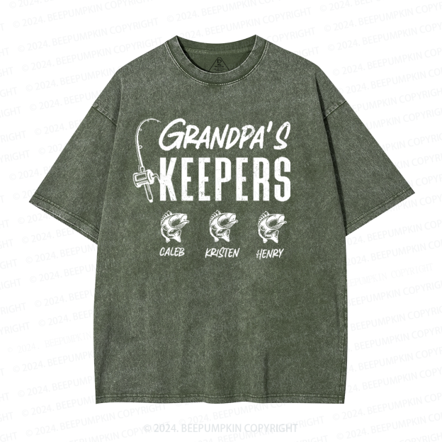 Personalized Grandpa Fishing With Kids Names Washed T-Shirts 