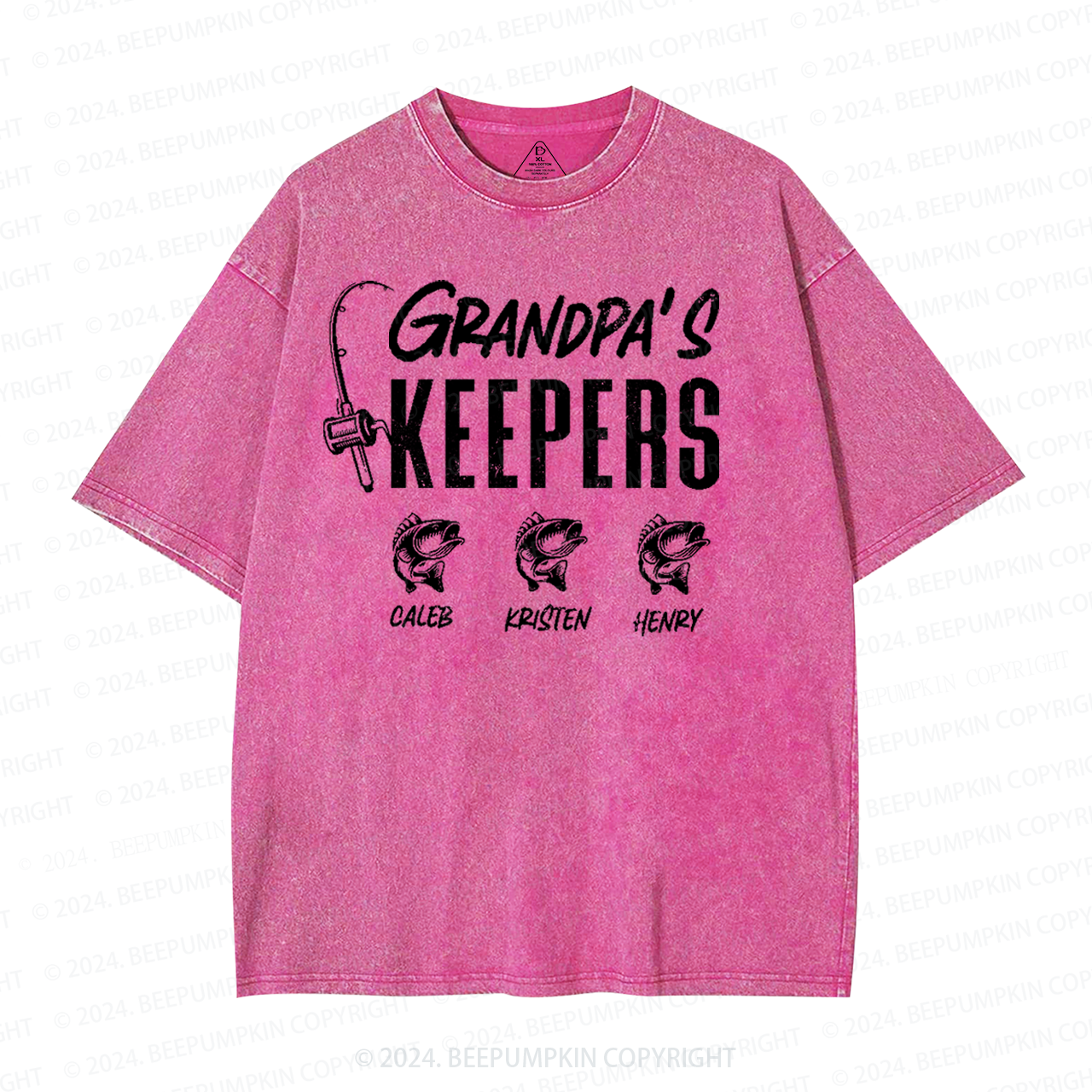 Personalized Grandpa Keepers Fishing With Kids Names Washed T-Shirts 