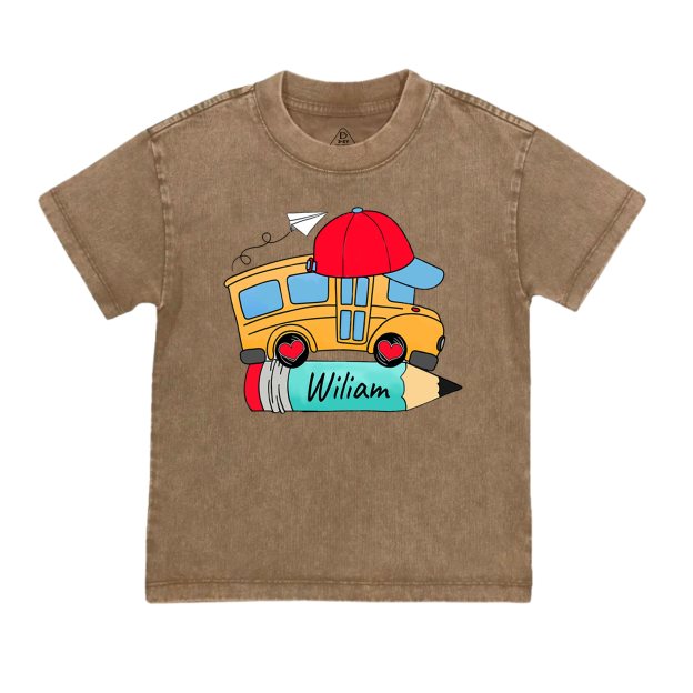 Personalized Bundle School Bus With Name Toddler&Kids Washed Tees