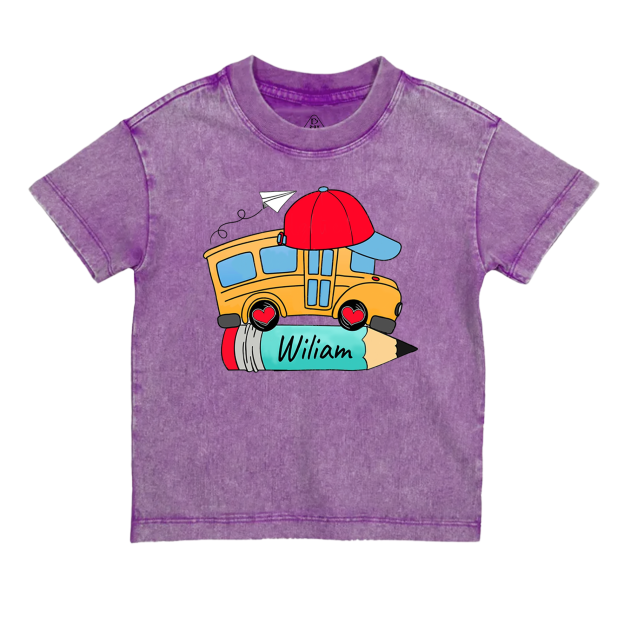 Personalized Bundle School Bus With Name Toddler&Kids Washed Tees
