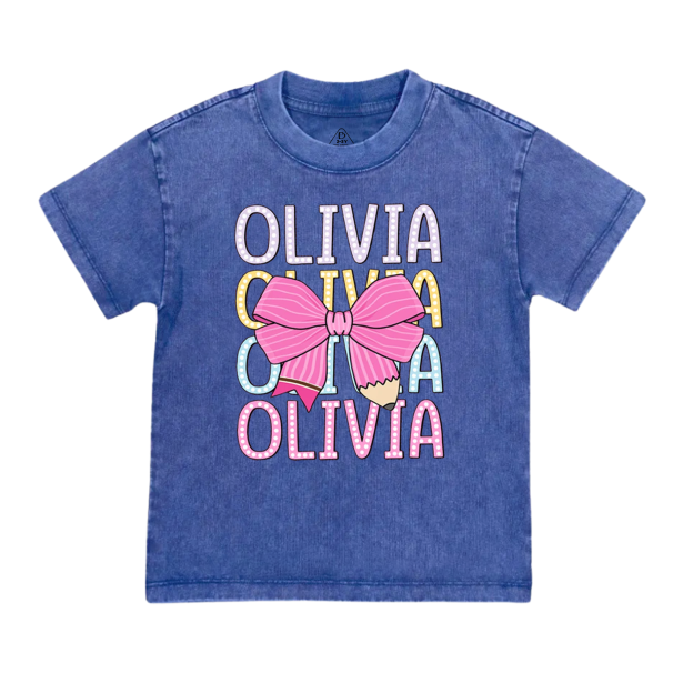 Personalized  Pink Bow Toddler&Kids Washed Tees