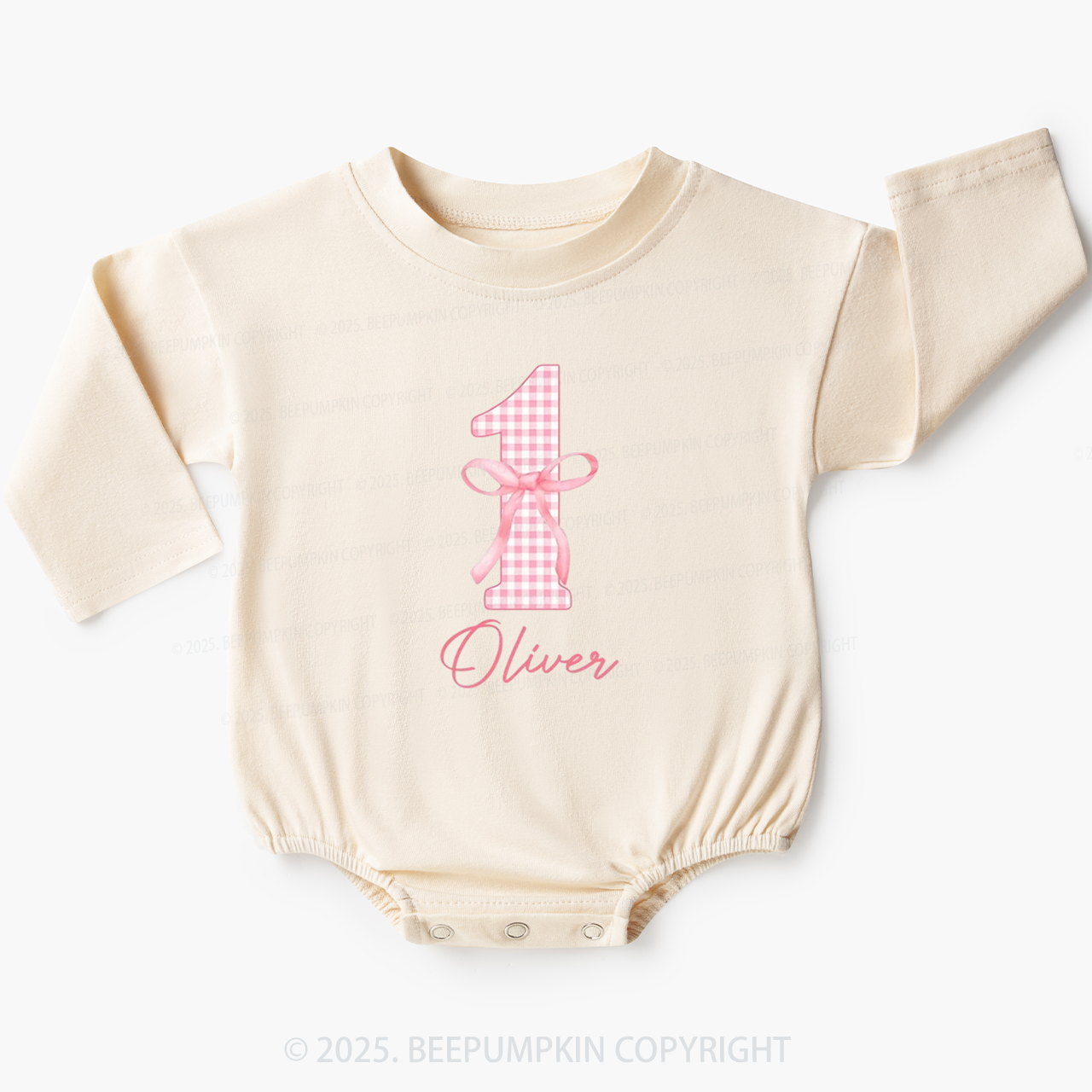 Personalized Pink Bow First Birthday Bubble Romper Beepumpkin