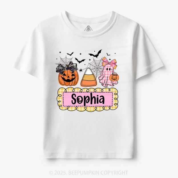 Personalized Halloween Pumpkin and Ghost with Bow Ball Cap Toddler&Kid's Tees Beepumpkin
