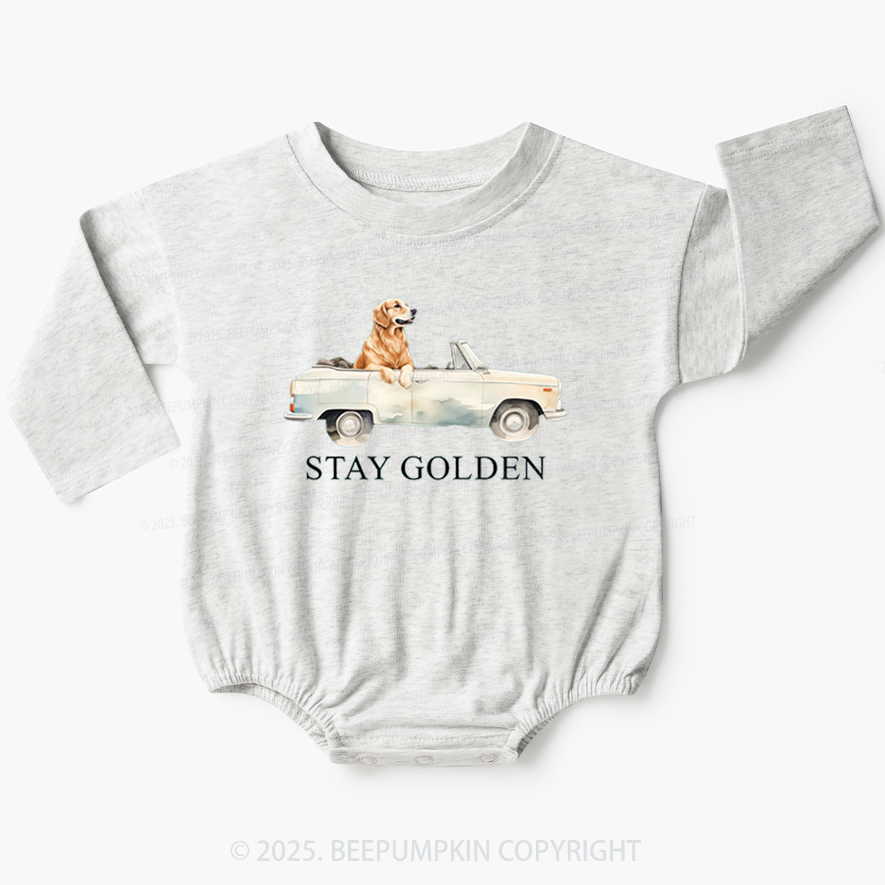Vintage Golden Car and Golden Retriever Baby Bubble Romper Beepumpkin