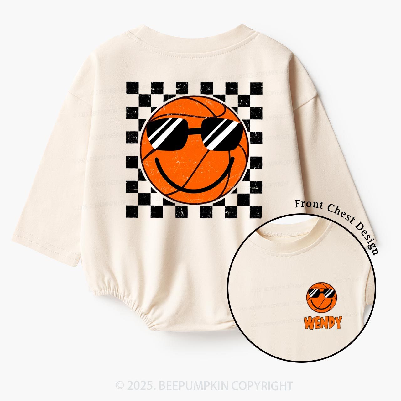 Personalized Smile Face Basketball Baby Bubble Romper Beepumpkin