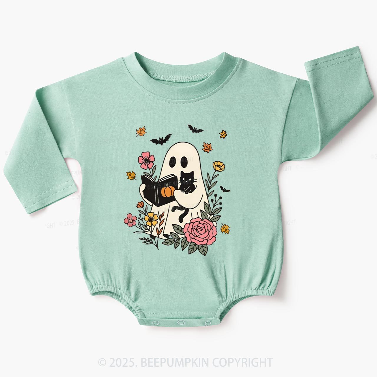 Ghost Reading Book-Cat Baby Bubble Romper Beepumpkin