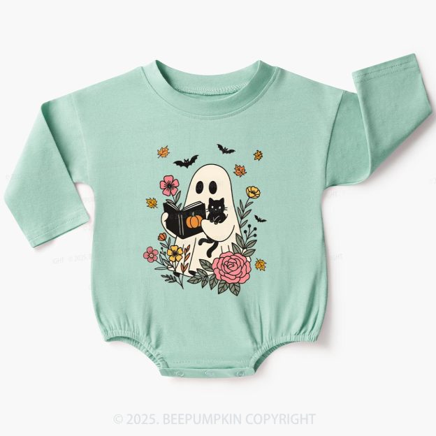 Ghost Reading Book-Cat Baby Bubble Romper Beepumpkin