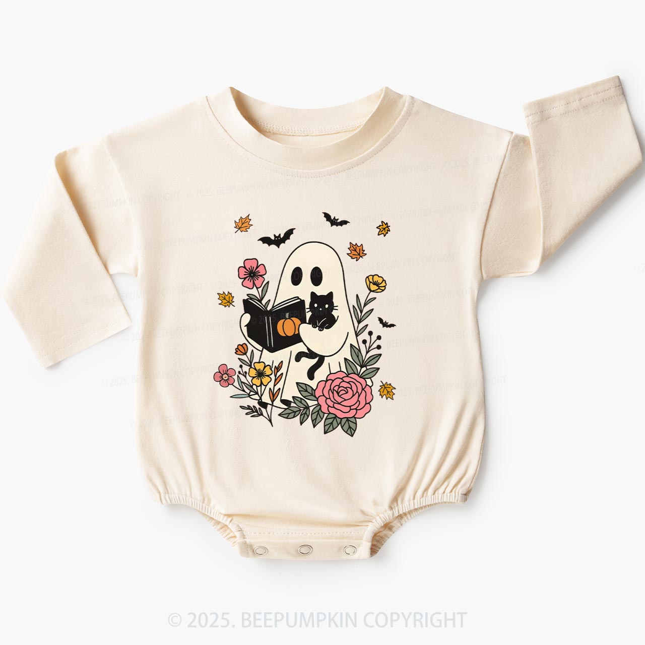 Ghost Reading Book-Cat Baby Bubble Romper Beepumpkin