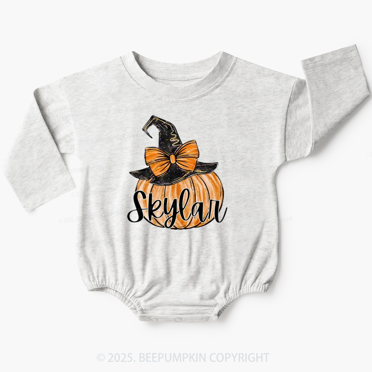Personalized Pumpkin Witch Hat Baby Bubble Romper Beepumpkin
