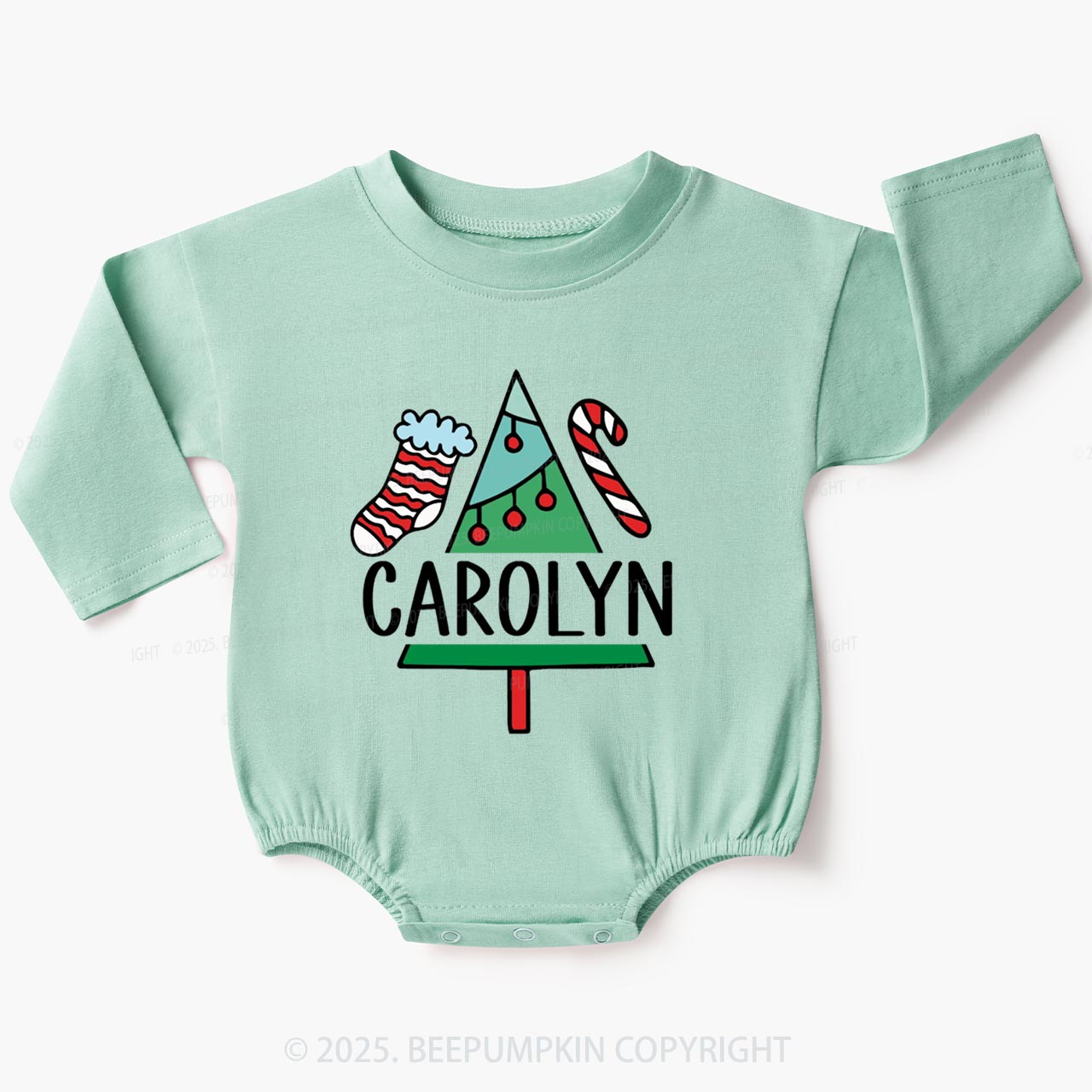 Personalized Hand Drawn Christmas Name Baby Bubble Romper Beepumpkin