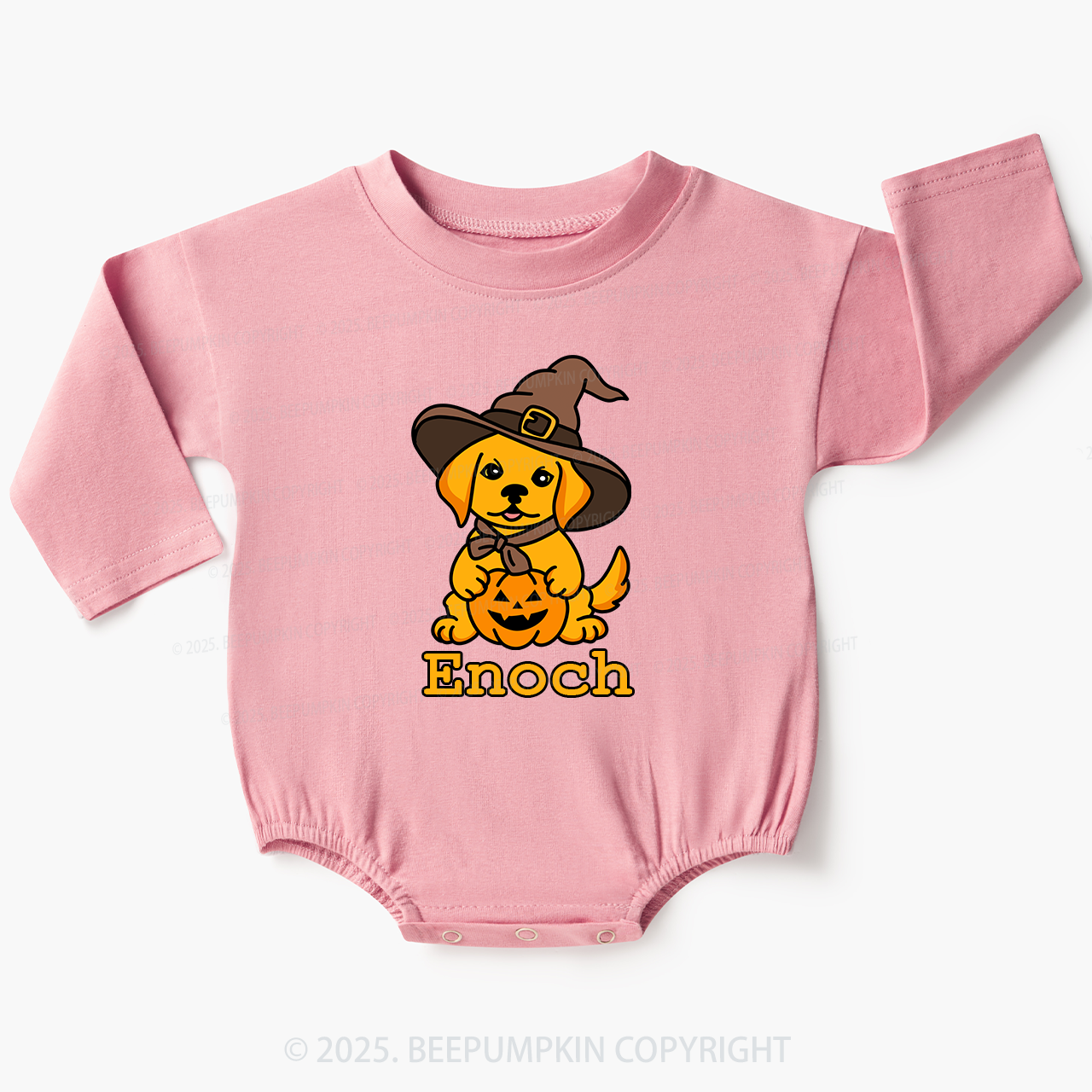 Personalized Dog Wtih Witch Hat Baby Bubble Romper Beepumpkin