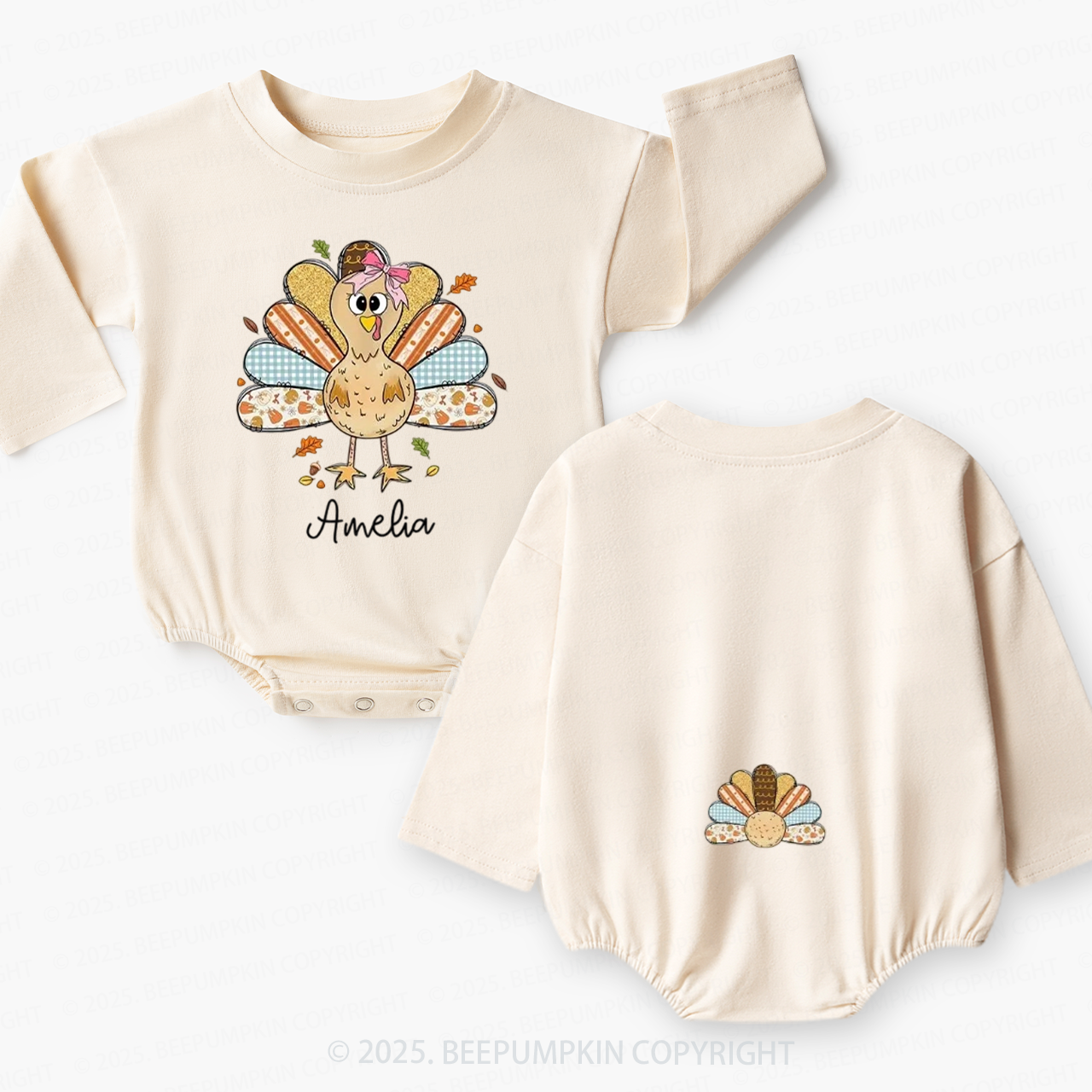 Personalized Little Turkey Thanksgiving Baby Bubble Romper Beepumpkin