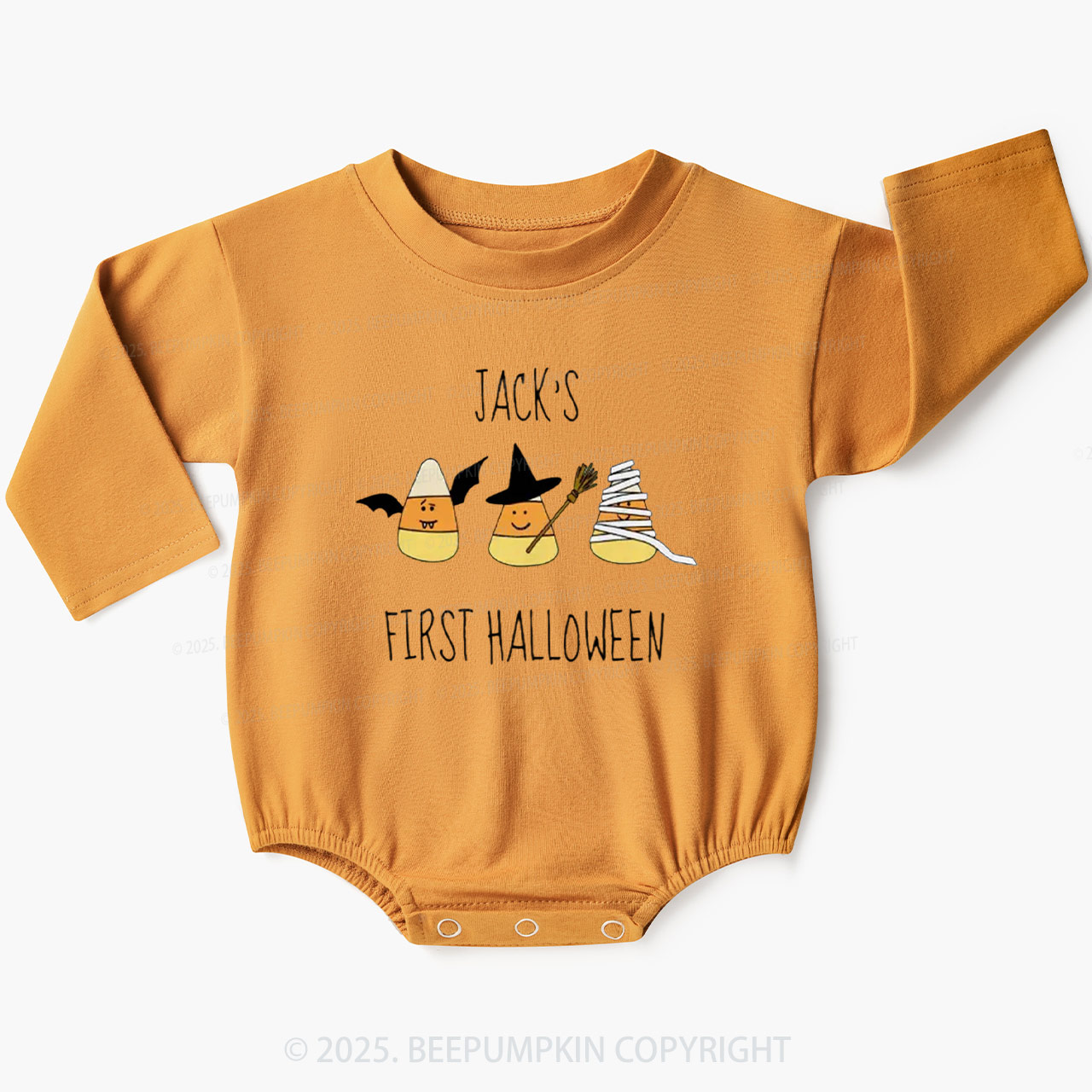 Personalized First Halloween Candy Corn Baby Bubble Romper Beepumpkin