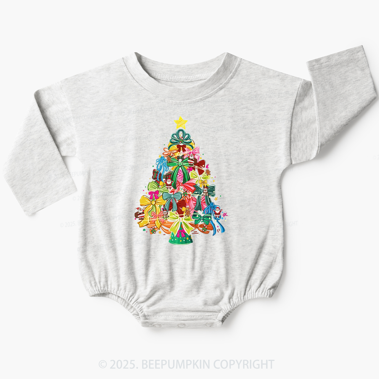 Colorful Coquette Christmas Tree Bow Baby Bubble Romper Beepumpkin