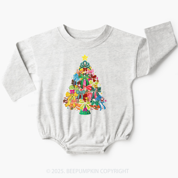 Colorful Coquette Christmas Tree Bow Baby Bubble Romper Beepumpkin
