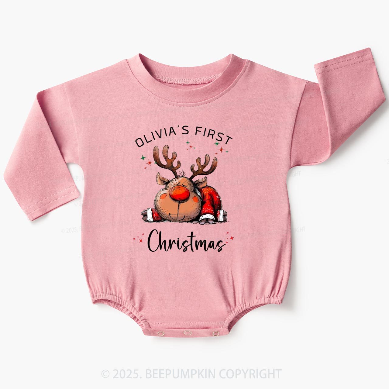 Personalized Festive Reindeer Dreams Christmas Baby Bubble Romper Beepumpkin