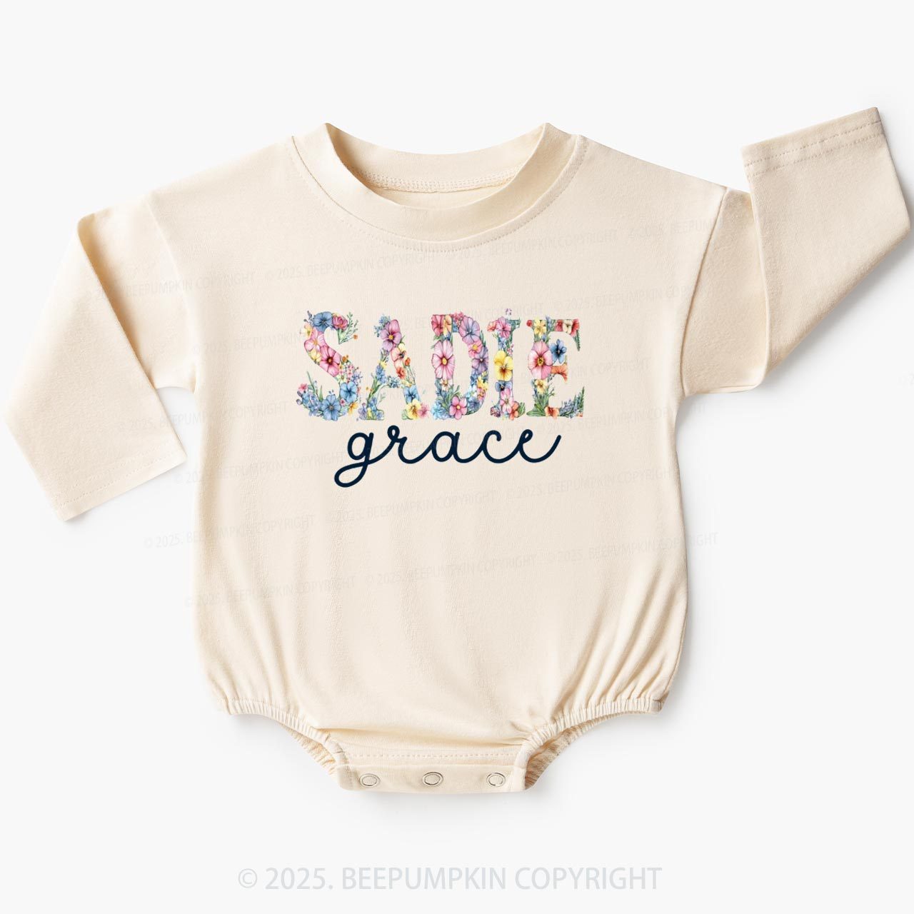 Personalized Floral Name Baby Bubble Romper Beepumpkin