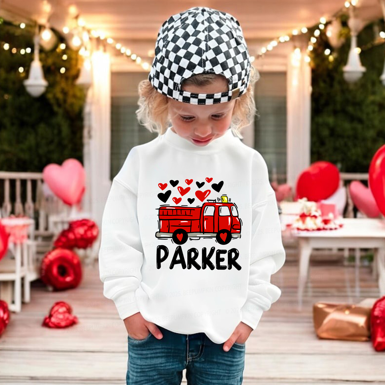 Personalized Name Fire Truck Valentine's Day Kid's Sweatshirt