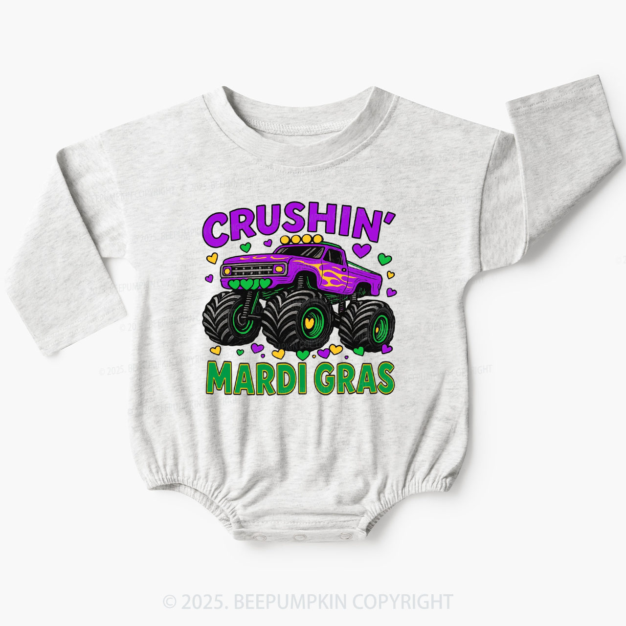 Crushin' Mardi Gras Monster Truck Baby Bubble Romper Beepumpkin