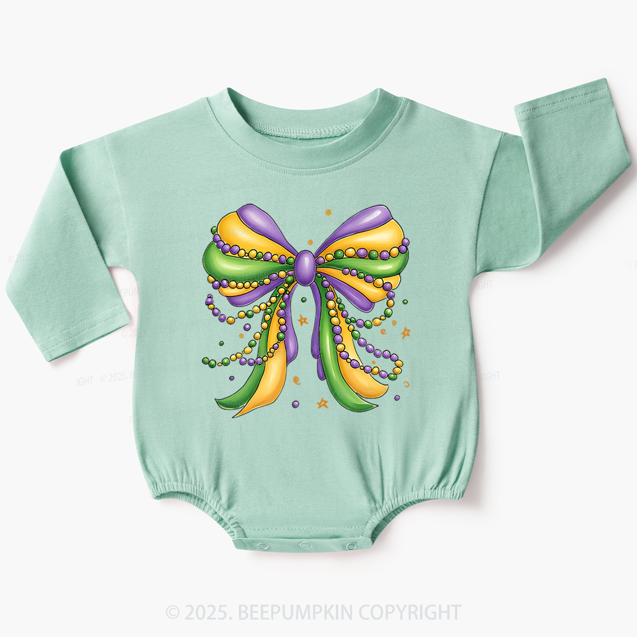 Mardi Gras Ribbon Bow Baby Bubble Romper Beepumpkin