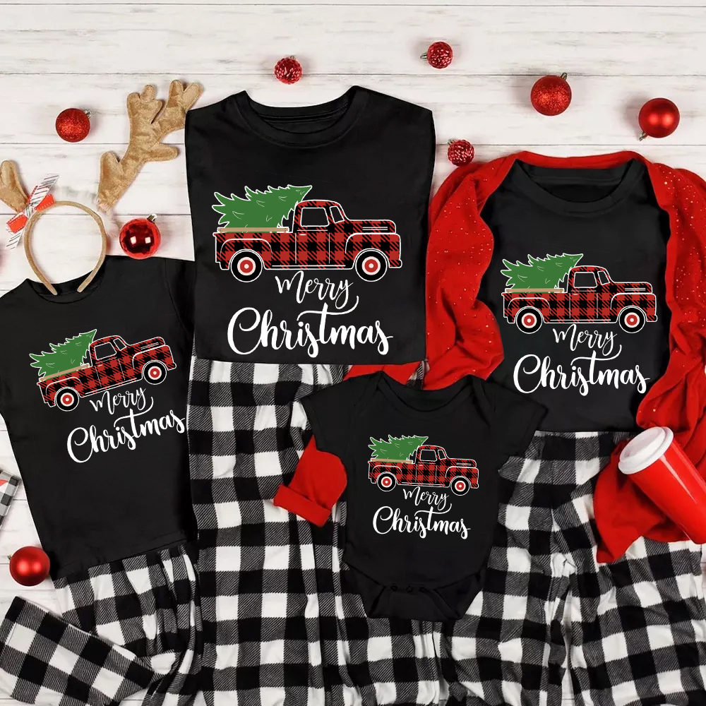 Tree And Plaid Truck Christmas Family Shirts