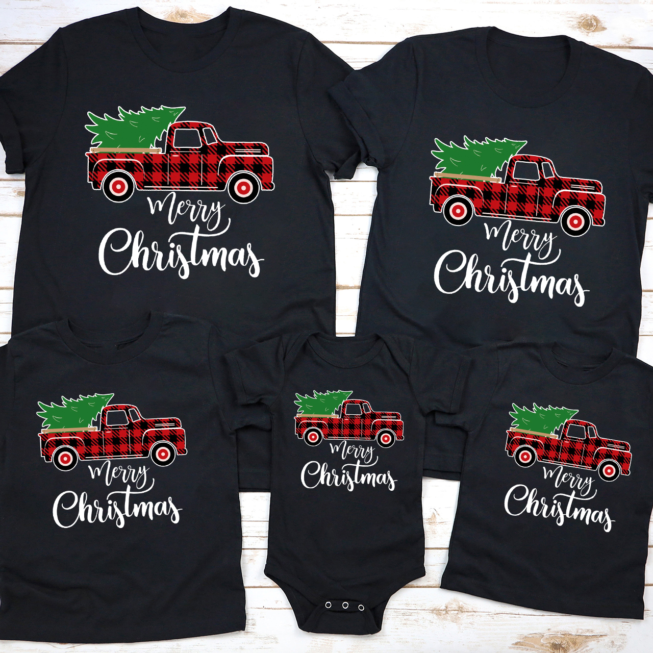 Tree And Plaid Truck Christmas Family Shirts