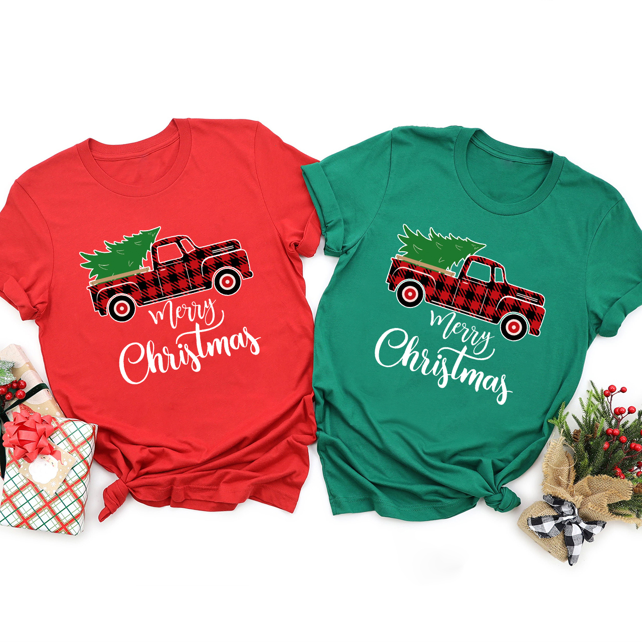 Tree And Plaid Truck Christmas Family Shirts