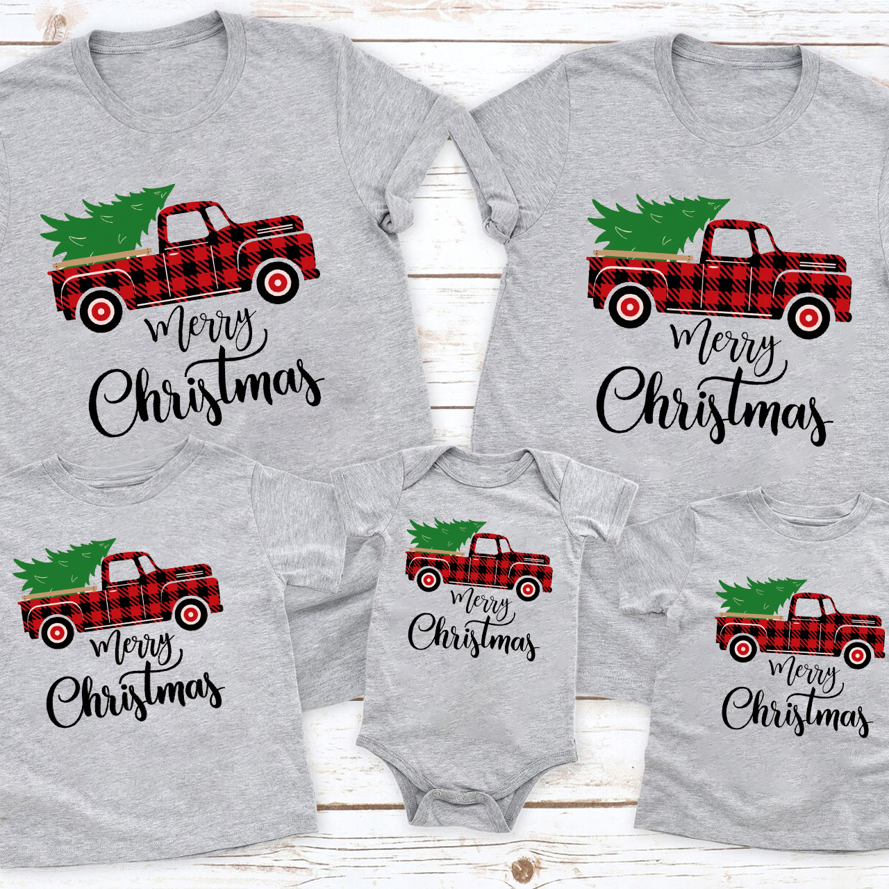 Tree And Plaid Truck Christmas Family Shirts