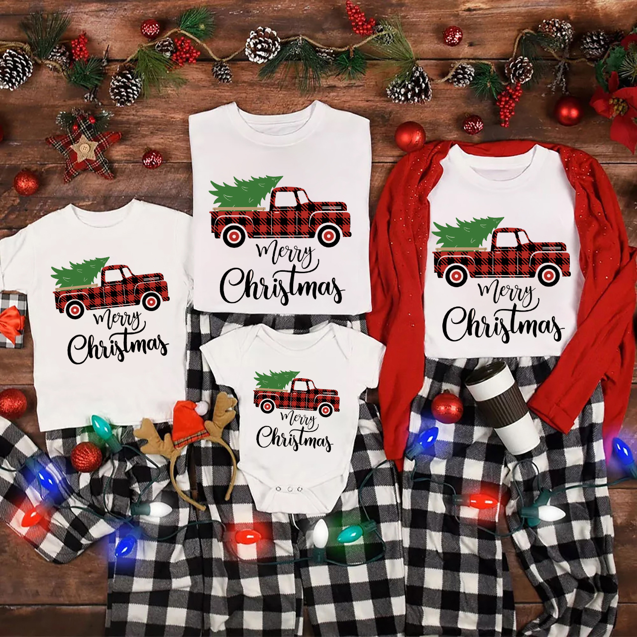 Tree And Plaid Truck Christmas Family Shirts