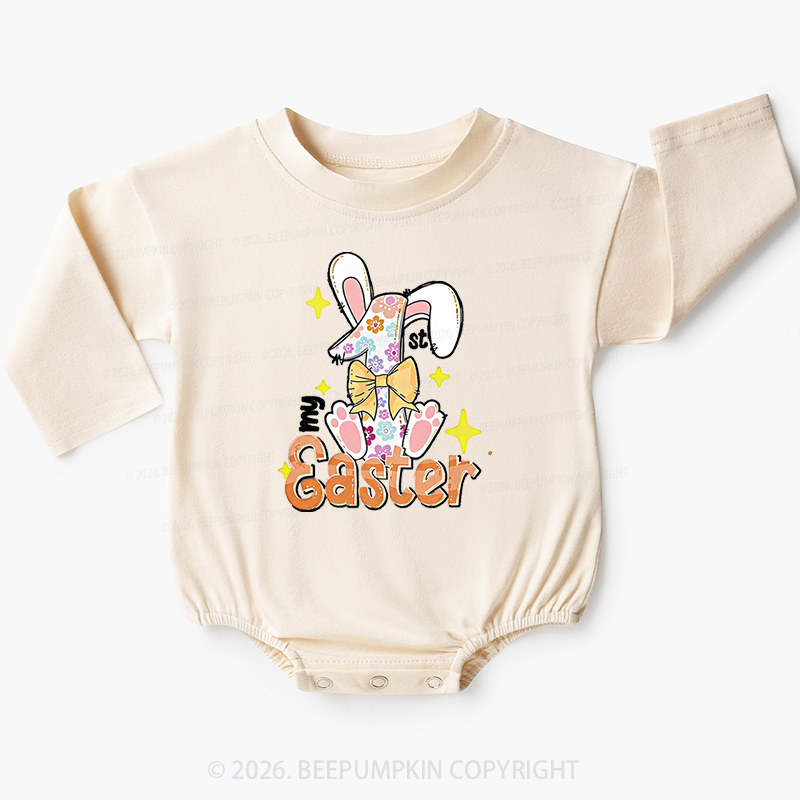 Yellow Bow Floral Bunny 1st Easter Baby Bubble Romper