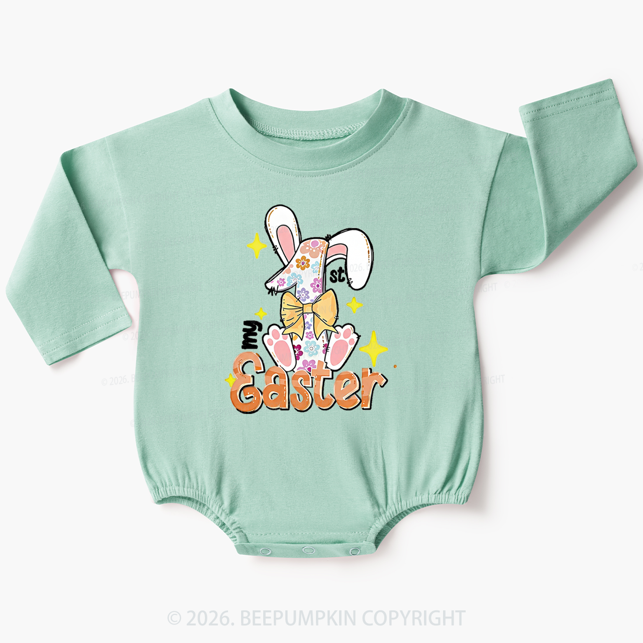 Yellow Bow Floral Bunny 1st Easter Baby Bubble Romper