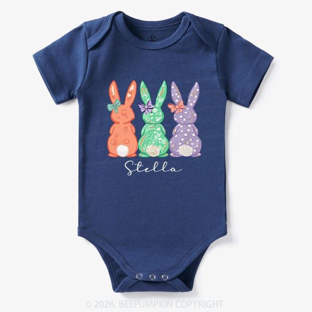Personalized Three Colorful Bunnies Easter Baby Bodysuit
