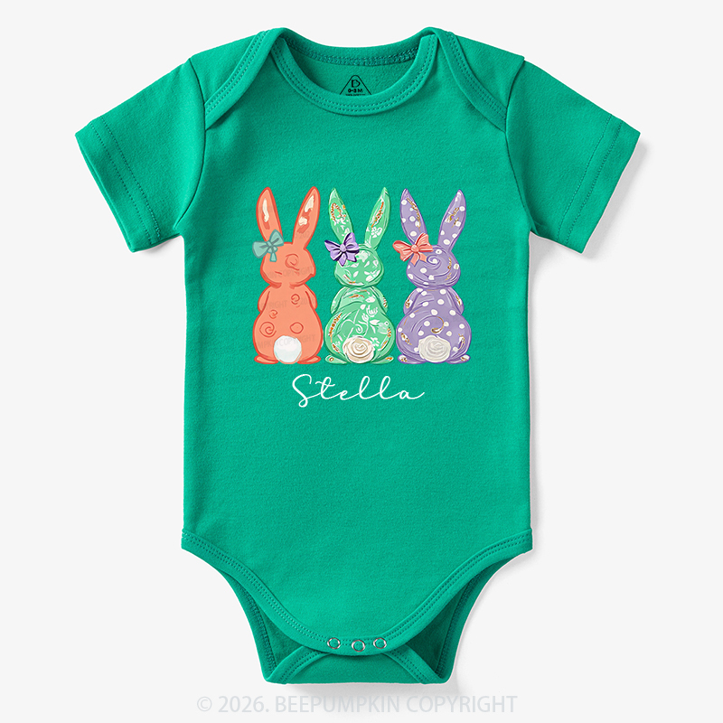 Personalized Three Colorful Bunnies Easter Baby Bodysuit