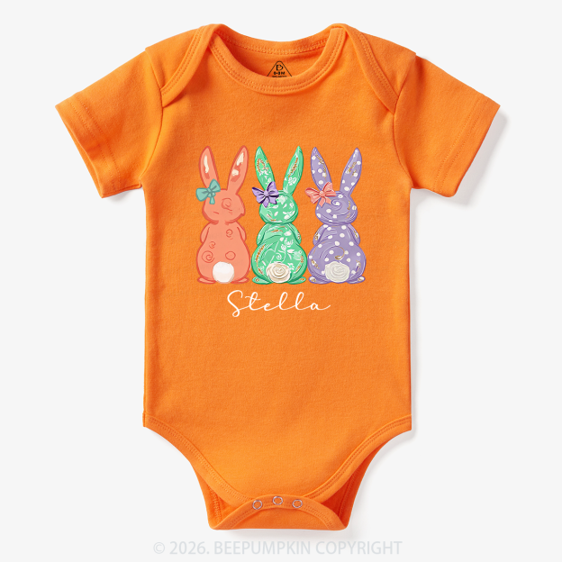 Personalized Three Colorful Bunnies Easter Baby Bodysuit