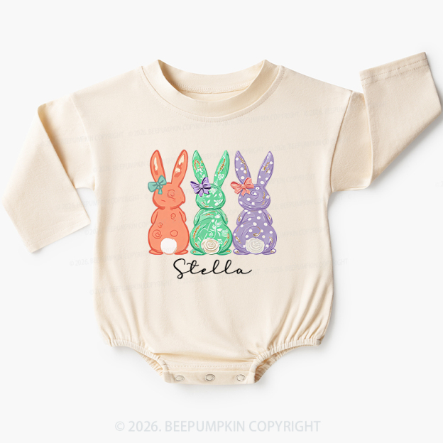 Personalized Three Colorful Bunnies Easter Baby Bubble Romper